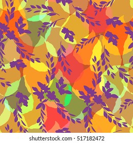 Colorful silhouette leaves pattern effect overlay and layered. Vivid foliage vector pattern seamless. Pink violet blue red neon lights leafs background.