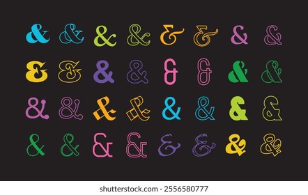 Colorful silhouette and line different isolated ampersand signs icons set design elements template on black background