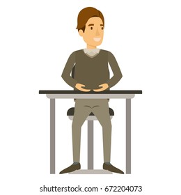 colorful silhouette of man in formal clothes and brown hair side fringe and sitting in chair in desktop vector illustration