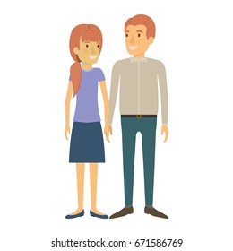 colorful silhouette of man and woman standing and her with ponytail and him in casual clothes and both with reddish hair vector illustration