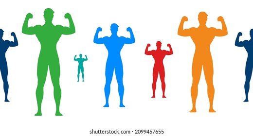 Colorful silhouette men standing and posing with arms up, on a white horizontal background. Muscular, healthy sportsman, energetic vector design.