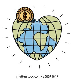 colorful silhouette money box in globe earth world in heart shape with coin with dollar symbol vector illustration