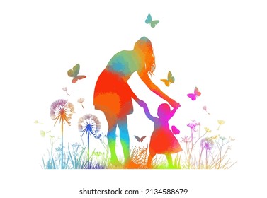 Colorful silhouette of a mother with a child walking. Vector illustration