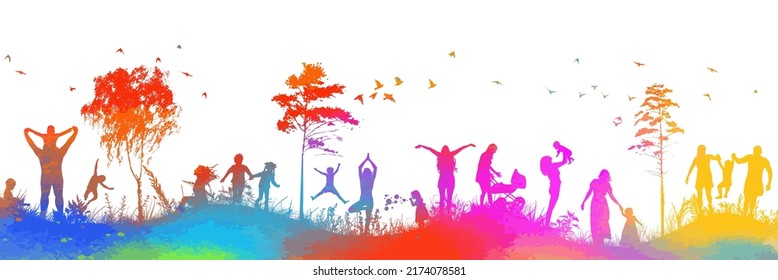 Colorful silhouette of a mother with a child walking. Family iridescent abstraction. Vector illustration