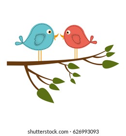 colorful silhouette with pair birds in tree branch vector illustration