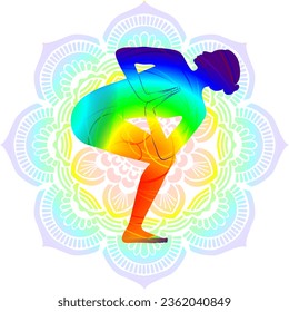 Colorful silhouette Parivritta Utkatasana. Revolved Chair pose. Standing and Twist. Isolated vector illustration. Mandala background.