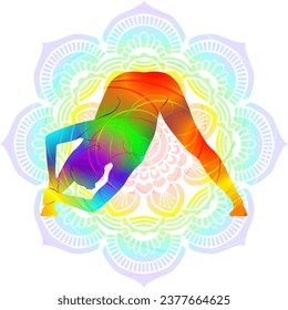 Colorful silhouette of Parshva Prasarita Padottanasana. Side Wide Legged Forward Bend pose. Isolated vector illustration on Mandala background.