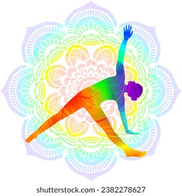 Colorful silhouette of Patita Tarasana. Fallen Triangle pose or Fallen Star pose. Isolated vector illustration on Mandala background.