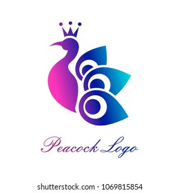 Colorful silhouette of a peacock. Stylized head with feathers. Vector logo template concept illustration. Bird abstract symbol. Peafowl sign.