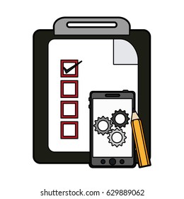 colorful silhouette report table with smartphone and gears