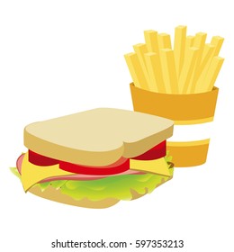 colorful silhouette with sandwich and french fries vector illustration