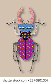 Colorful silhouette of a scarab stag beetle with horns in patchwork style. Fashion design of a Lucanus cervus, vector insect isolated on a vintage background 