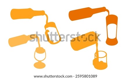 Colorful silhouette set of beer pouring into glass mugs. Golden lager beer filled in glass. Glass bottles with simple label. Alcoholic drink, ready for grocery store or supermarket. Vector.