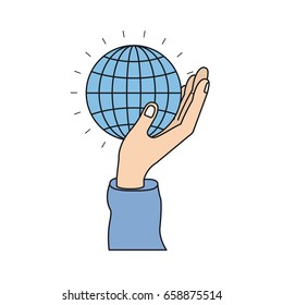 colorful silhouette side view of hand holding in palm a globe chart vector illustration