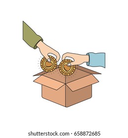 colorful silhouette side view of pair hands holding a coins with heart shape inside to deposit in cardboard box vector illustration