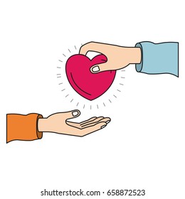 colorful silhouette side view of palm human holding a heart charity symbol to deposit in other hand vector illustration