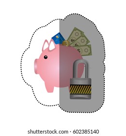 colorful silhouette sticker of piggy bank with credit card and bills and coins protected vector illustration