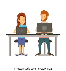 colorful silhouette of teamwork of woman and man sitting in desk with tech devices and her with long wavy hair and him in casual clothes with beard vector illustration