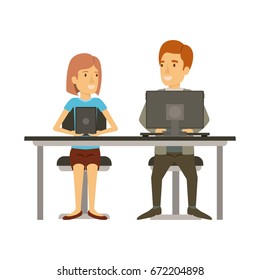 colorful silhouette of teamwork of woman and man sitting in desk with tech devices and her with short hair and him in formal suit vector illustration