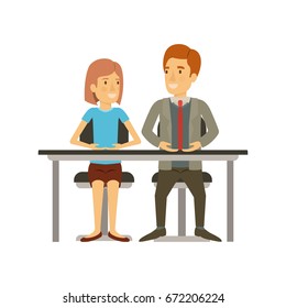 colorful silhouette of teamwork of woman and man sitting in desk and her with short hair and him in formal suit vector illustration