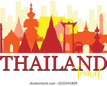 Colorful silhouette of Thailand's iconic landmarks in vector style, featuring vibrant reds and yellows with a modern cityscape backdrop