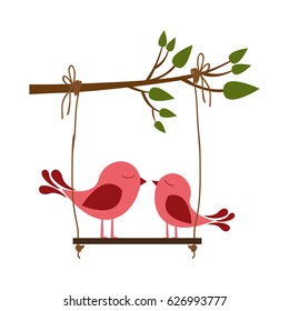 colorful silhouette of tree branch with swing and couple of birds vector illustration