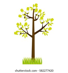 colorful silhouette tree leafy with grass vector illustration