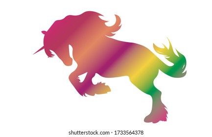 Colorful silhouette of unicorn om isolated background. Rainbow cartoon silhouette of a unicorn horse rearing up, with a flowing mane