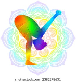 Colorful silhouette of Uttanasana. Standing Forward Bend with Shoulder Opener pose. Isolated vector illustration on Mandala background.