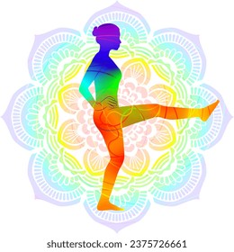 Colorful silhouette of Utthita Hasta Padangushthasana C. One Legged Mountain pose. Isolated vector illustration on Mandala background.