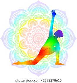 Colorful silhouette of Utthita Parivritta Anjaneyasana. Revolved Crescent Lunge on the Knee with Arms Extended. Isolated vector illustration on Mandala background.