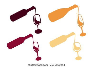 Colorful silhouette of wine pouring into glasses. Set of wine. Different type of alcoholic drinks in bottles with glass. Red and white wine, champagne. Vector illustration isolated on white background