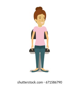 colorful silhouette of woman with collected hair and sitting in chair vector illustration