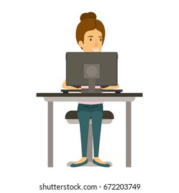 colorful silhouette of woman with collected hair and sitting in chair in desk with computer vector illustration