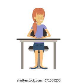 colorful silhouette of woman with ponytail hair and sitting in chair in desktop vector illustration