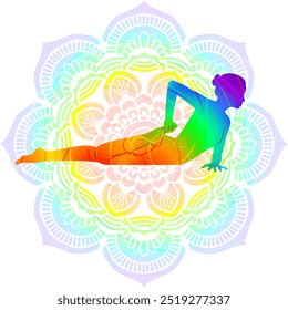 Colorful silhouette of woman practicing Ardha Bhekasana yoga pose. Half Frog pose. Intermediate Difficulty. Isolated vector illustration