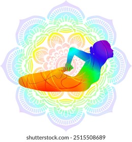 Colorful silhouette of woman practicing Bhekasana yoga pose. Frog tradidion pose. Intermediate Difficulty. Isolated vector illustration