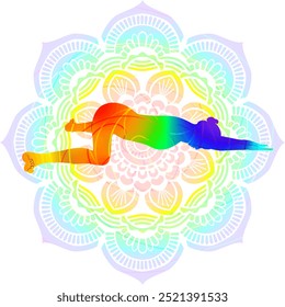 Colorful silhouette of woman practicing Bhekasana yoga pose. Frog pose. Intermediate Difficulty. Isolated vector illustration