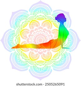 Colorful silhouette of woman practicing Bhujangasana yoga pose. Cobra pose. Intermediate Difficulty. Isolated vector illustration