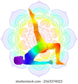 Colorful silhouette of woman practicing Eka Pada Setu Bandha Sarvangasana yoga pose. One Legged Bridge pose.Isolated vector illustration