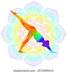 Colorful silhouette of woman practicing Eka Pada Adho Mukha Shvanasana yoga pose. Three Legged Downward-Facing Dog pose. Isolated vector illustration