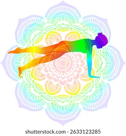 Colorful silhouette of woman practicing Eka Pada Phalakasana yoga pose. One Legged Plank pose. Intermediate Difficulty. Isolated vector illustration