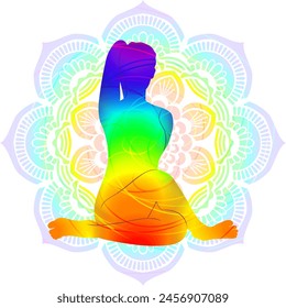 Colorful silhouette of woman practicing Gomukhasana yoga pose. Cow Face pose. Intermediate Difficulty. Isolated vector illustration