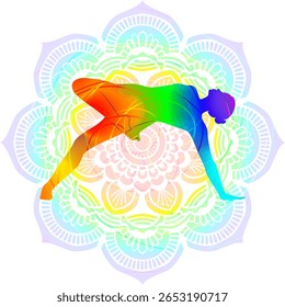 Colorful silhouette of woman practicing Kashyapasana yoga pose. Side Plank with Bound Half Lotus yoga pose. Isolated vector illustration