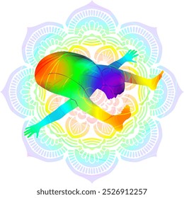 Colorful silhouette of woman practicing Kurmasana yoga pose. Tortoise pose. Intermediate Difficulty. Isolated vector illustration