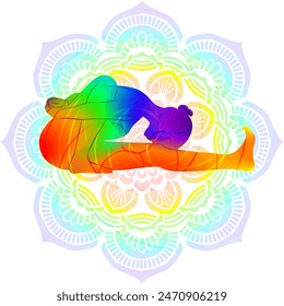 Colorful silhouette of woman practicing Marichyasana A yoga pose. Sage Marichi I pose. Intermediate Difficulty. Isolated vector illustration