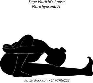 Colorful silhouette of woman practicing Marichyasana A yoga pose. Sage Marichi I pose. Intermediate Difficulty. Isolated vector illustration