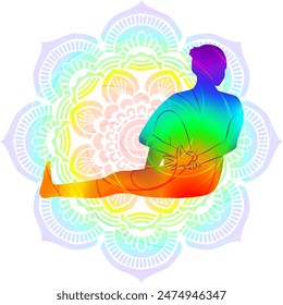 Colorful silhouette of woman practicing Marichyasana C yoga pose. Sage Marichi III pose. Intermediate Difficulty. Isolated vector illustration