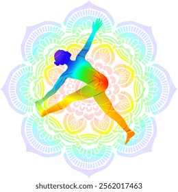 Colorful silhouette of woman practicing Parivritta Supta Padangushthasana yoga pose.Revolved Supine Hand to Big Toe pose. Isolated vector illustration