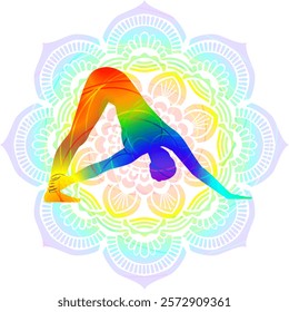 Colorful silhouette of woman practicing Parivritta Adho Mukha Shvanasana yoga pose. Revolved Downward Facing Dog pose. Isolated vector illustration